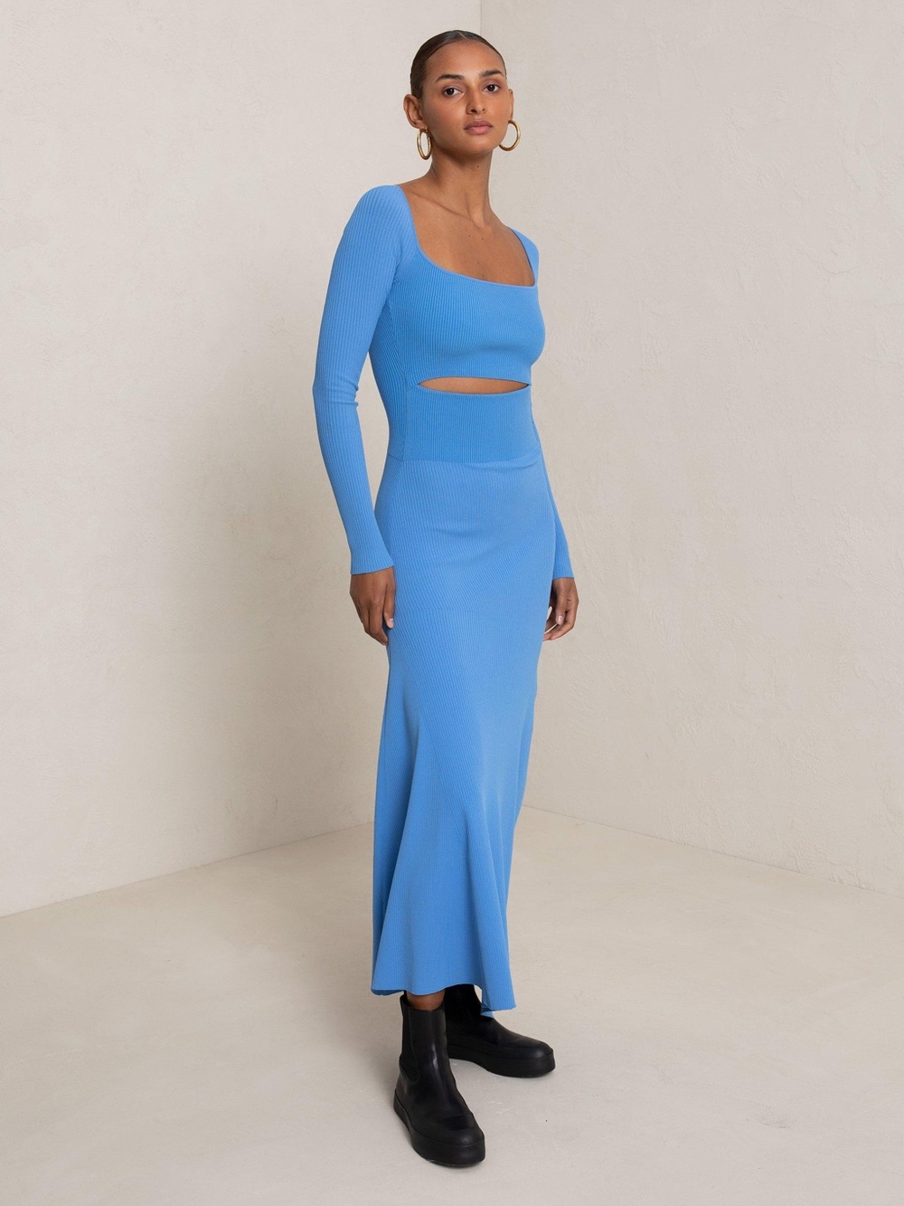 A.L.C. Clara Blue Ribbed Long-Sleeve Midi Dress with Cutout